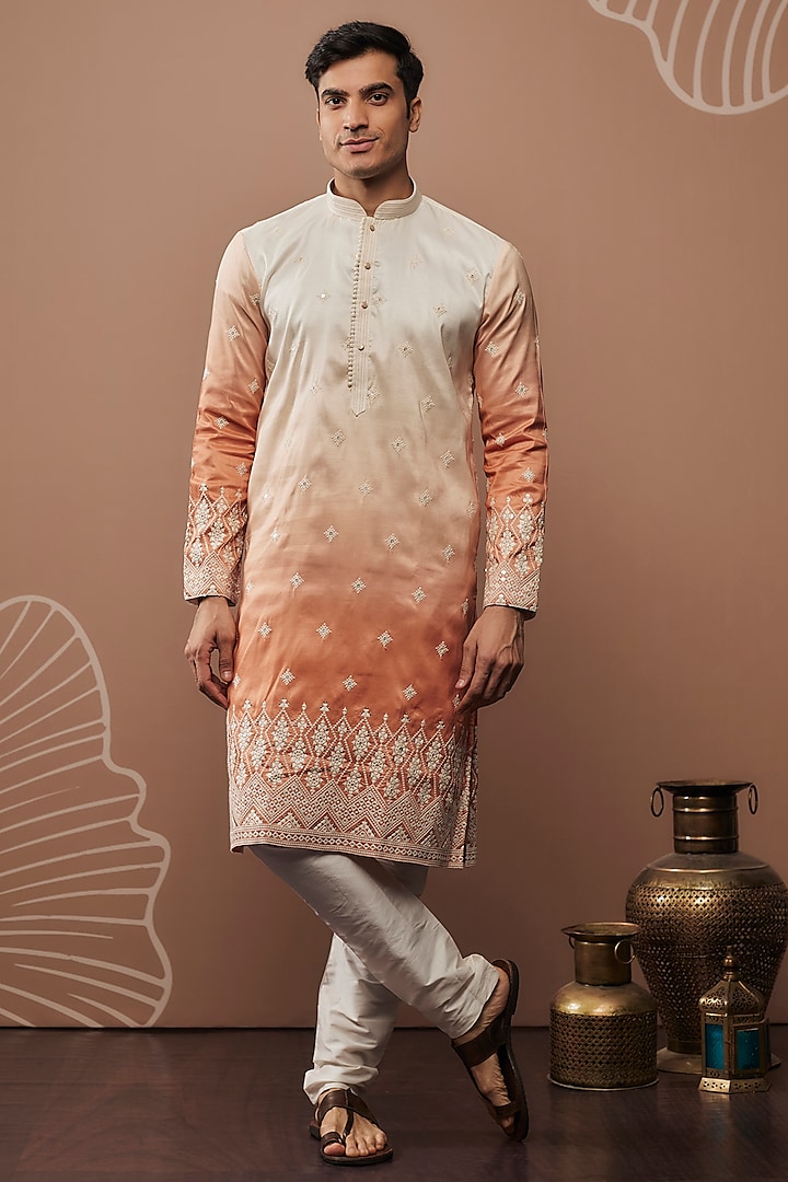 Orange & White Silk Hand & Machine Embroidered Kurta Set by RIYAASAT at Pernia's Pop Up Shop