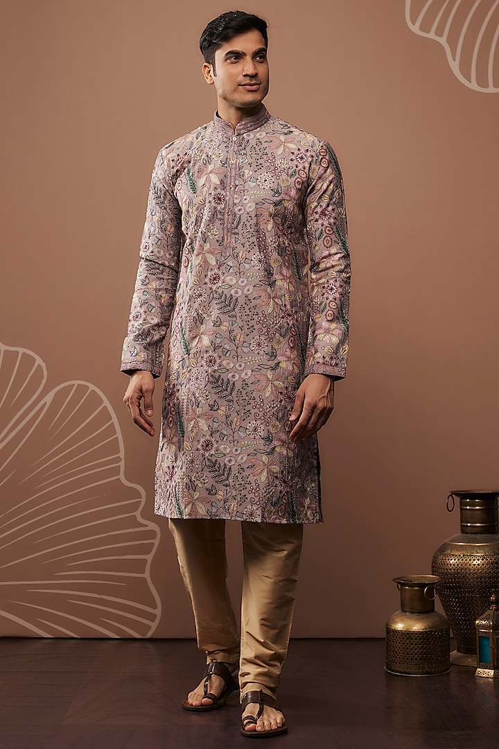 Purple Silk Hand & Machine Embroidered Kurta Set by RIYAASAT