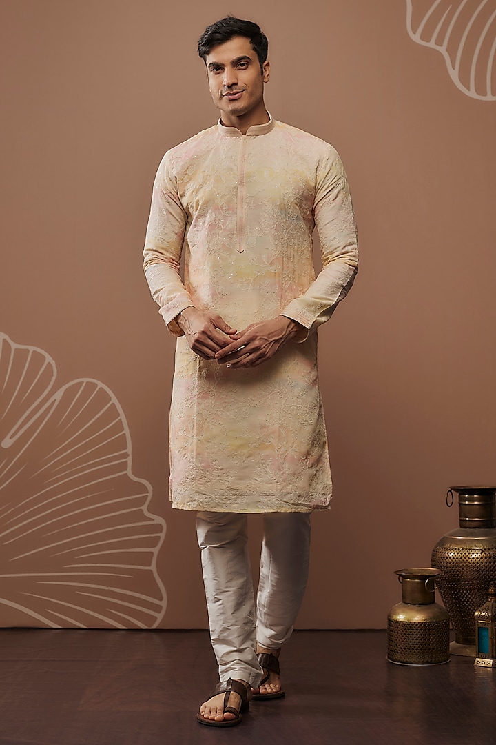 Yellow Silk Hand & Machine Embroidered Kurta Set by RIYAASAT