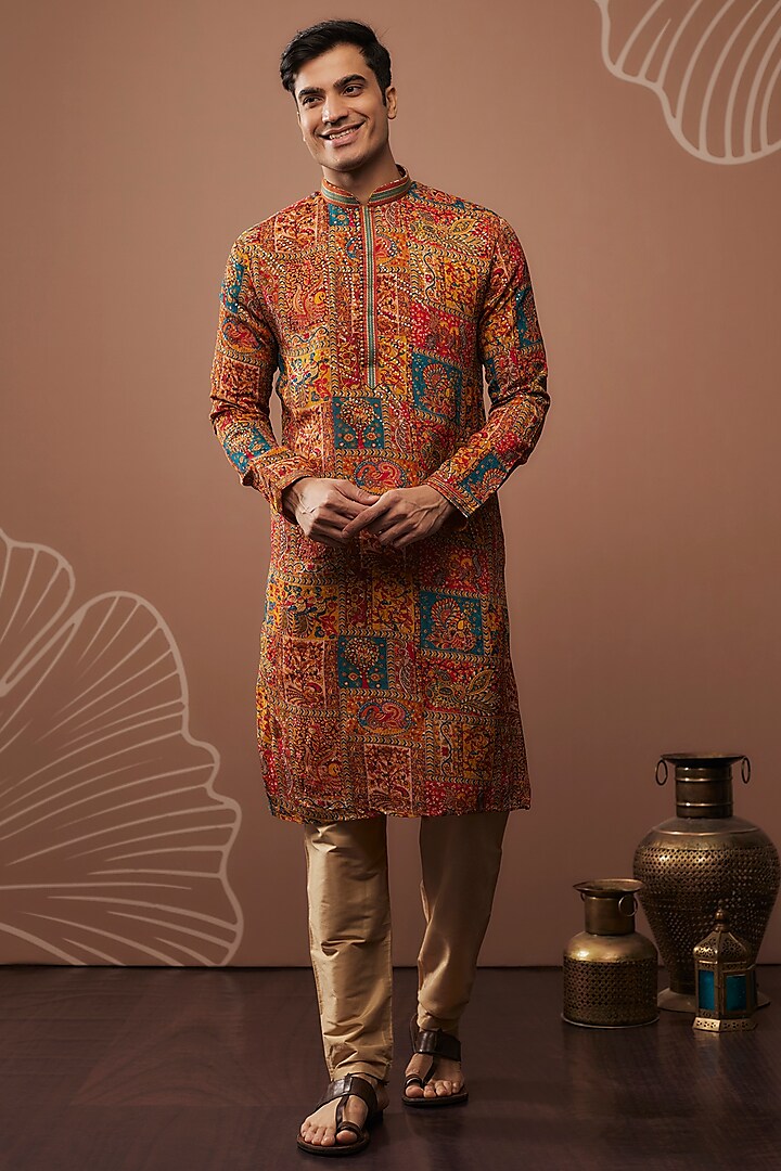 Orange Silk Hand & Machine Embroidered Kurta Set by RIYAASAT at Pernia's Pop Up Shop