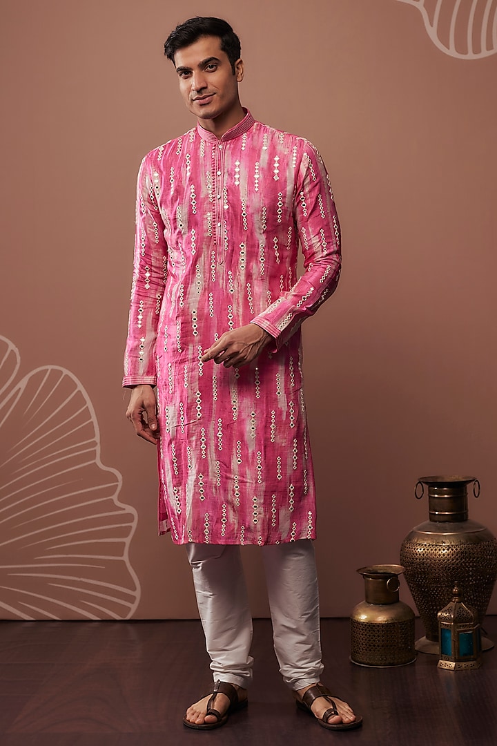 Pink & White Silk Machine Embroidered Kurta Set by RIYAASAT