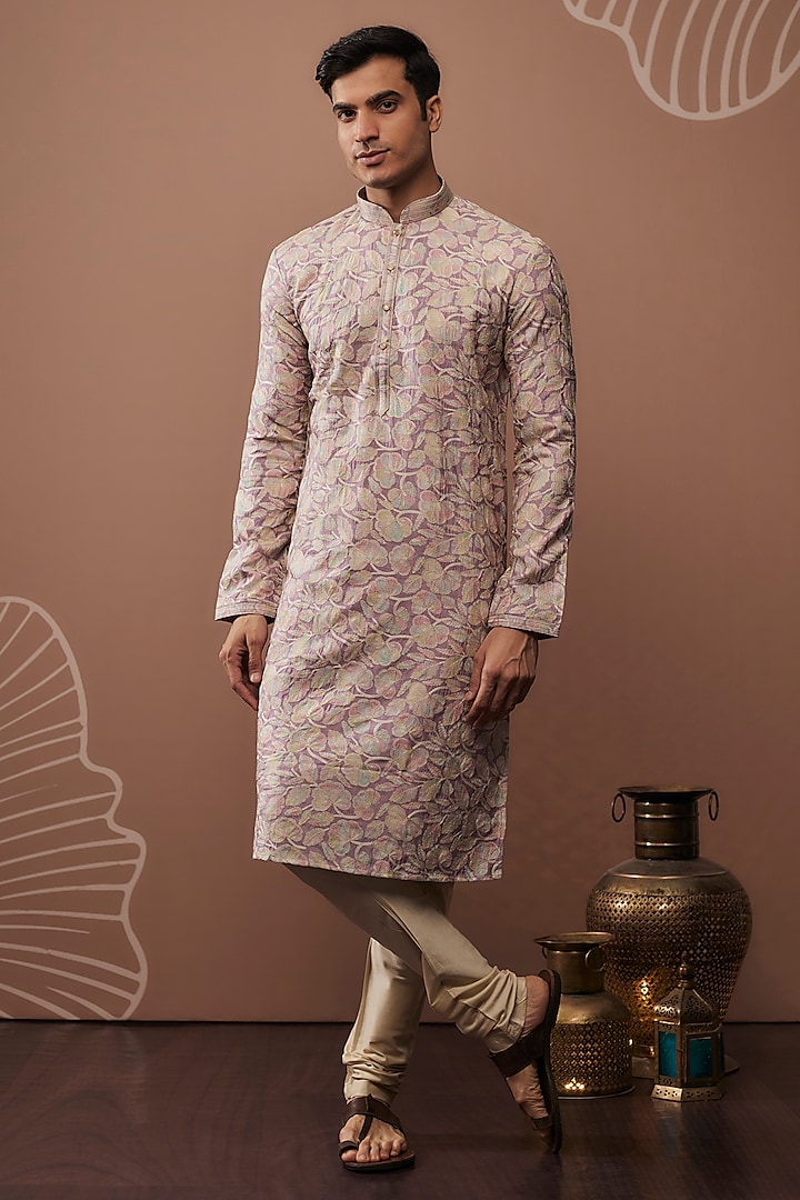 Lilac Silk Machine Embroidered Kurta Set by RIYAASAT