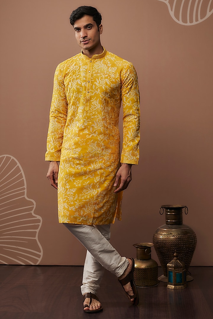 Yellow Silk Machine Embroidered Kurta Set by RIYAASAT