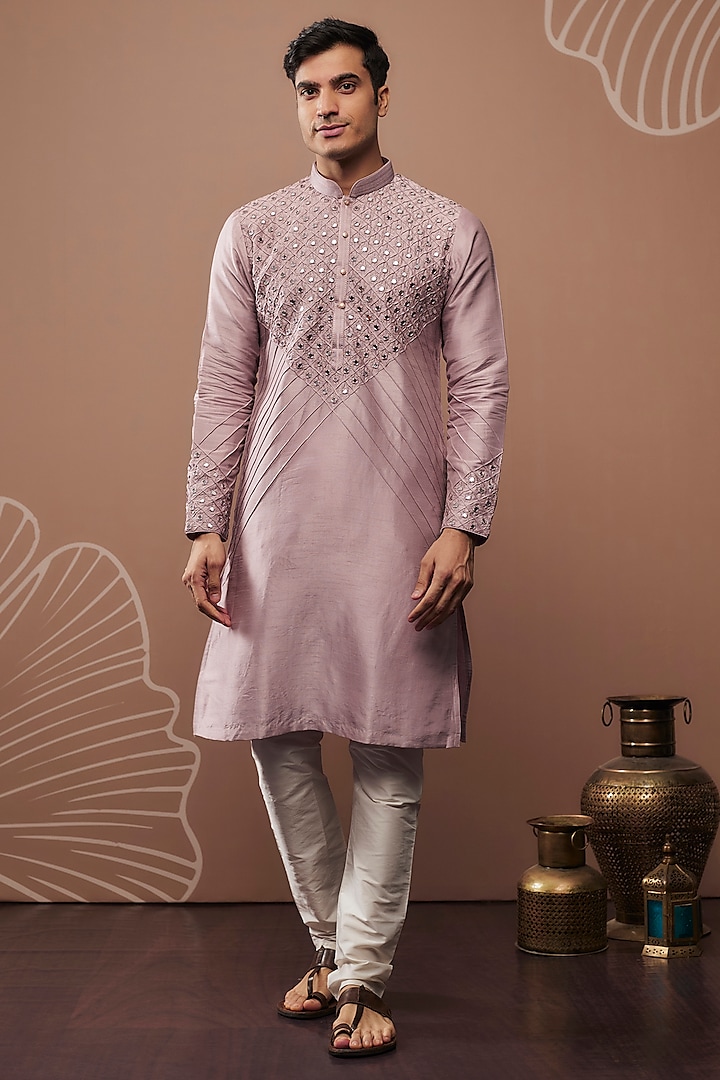 Light Purple Silk Hand & Machine Embroidered Kurta Set by RIYAASAT