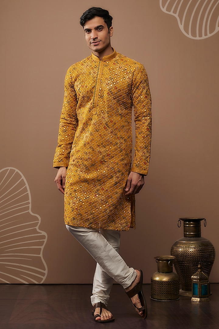 Mustard Yellow Silk Hand & Machine Embroidered Kurta Set by RIYAASAT