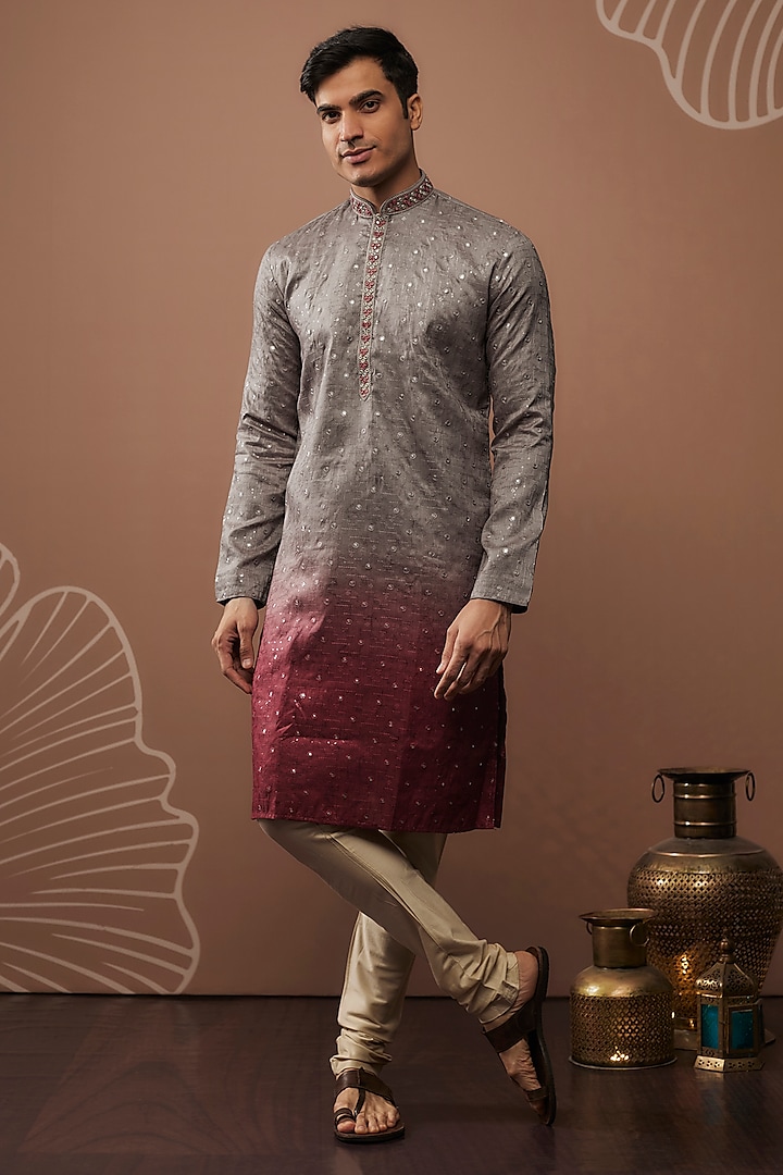 Silver & Wine Silk Hand & Machine Embroidered Kurta Set by RIYAASAT