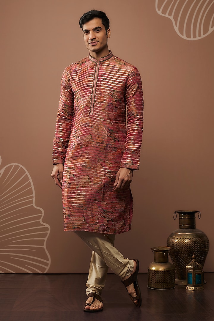 Orange Silk Floral Printed & Embroidered Kurta Set by RIYAASAT