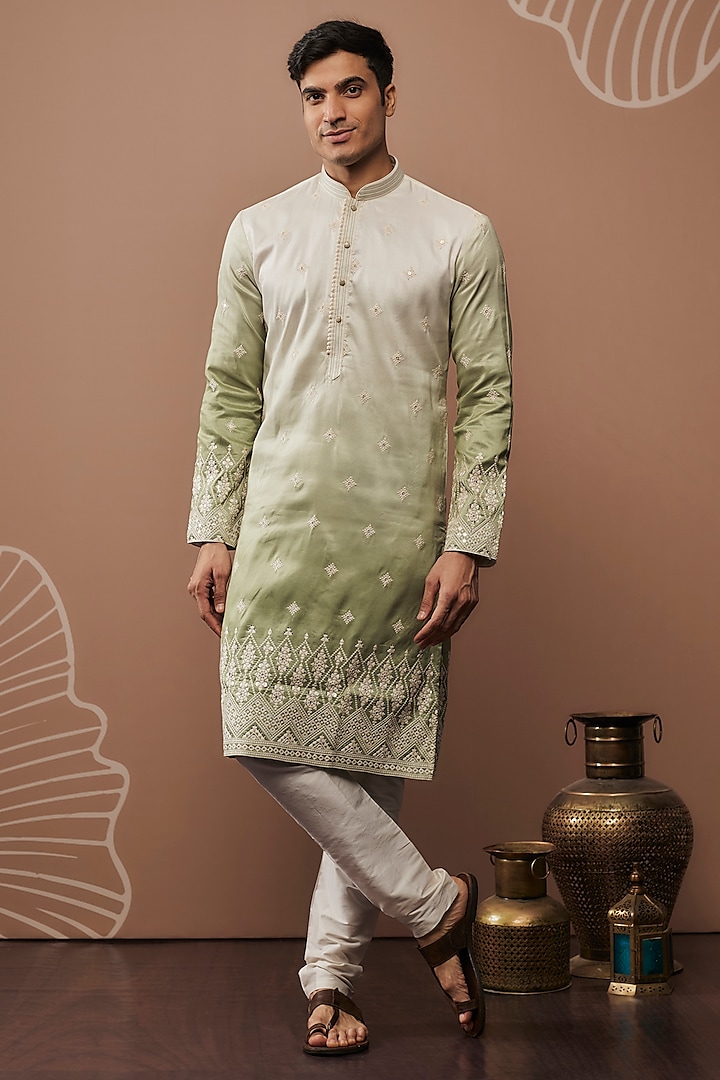 White & Green Hand & Machine Embroidered Kurta Set by RIYAASAT