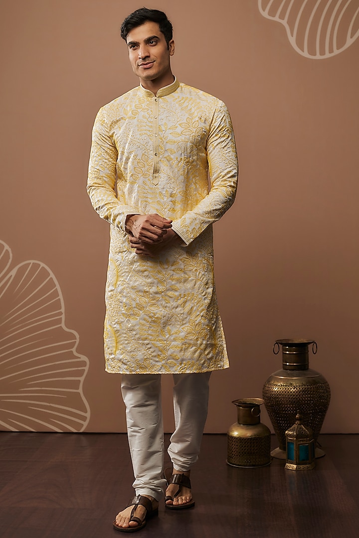 Light Yellow Hand & Machine Embroidered Kurta Set by RIYAASAT