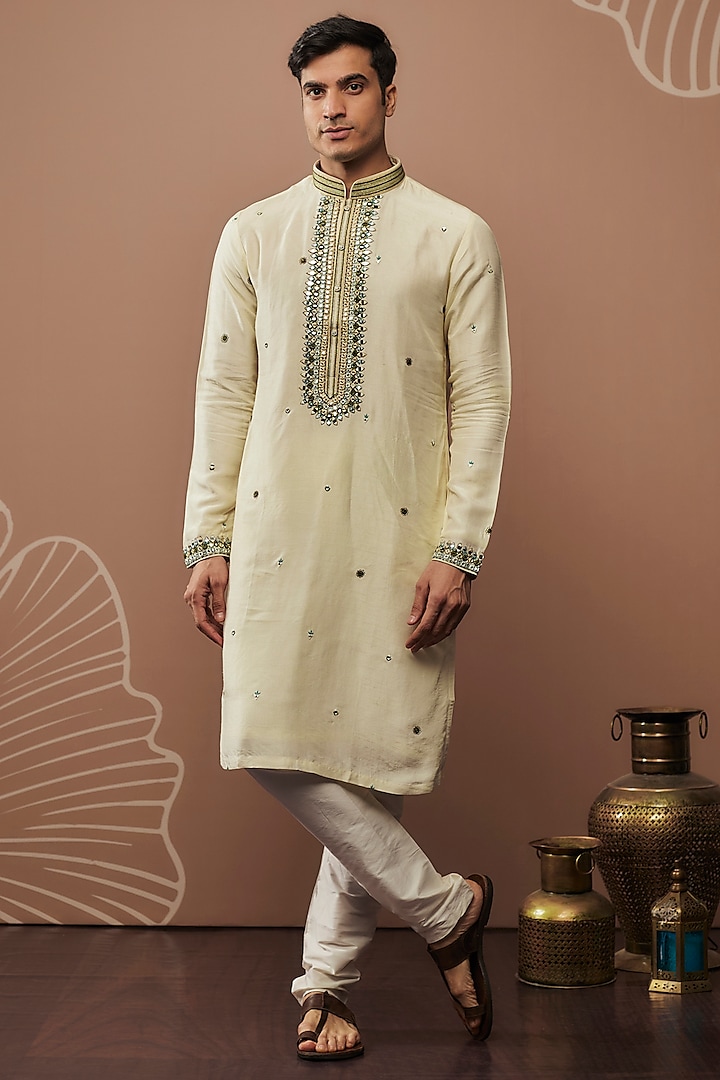 Silver Hand & Machine Embroidered Kurta Set by RIYAASAT