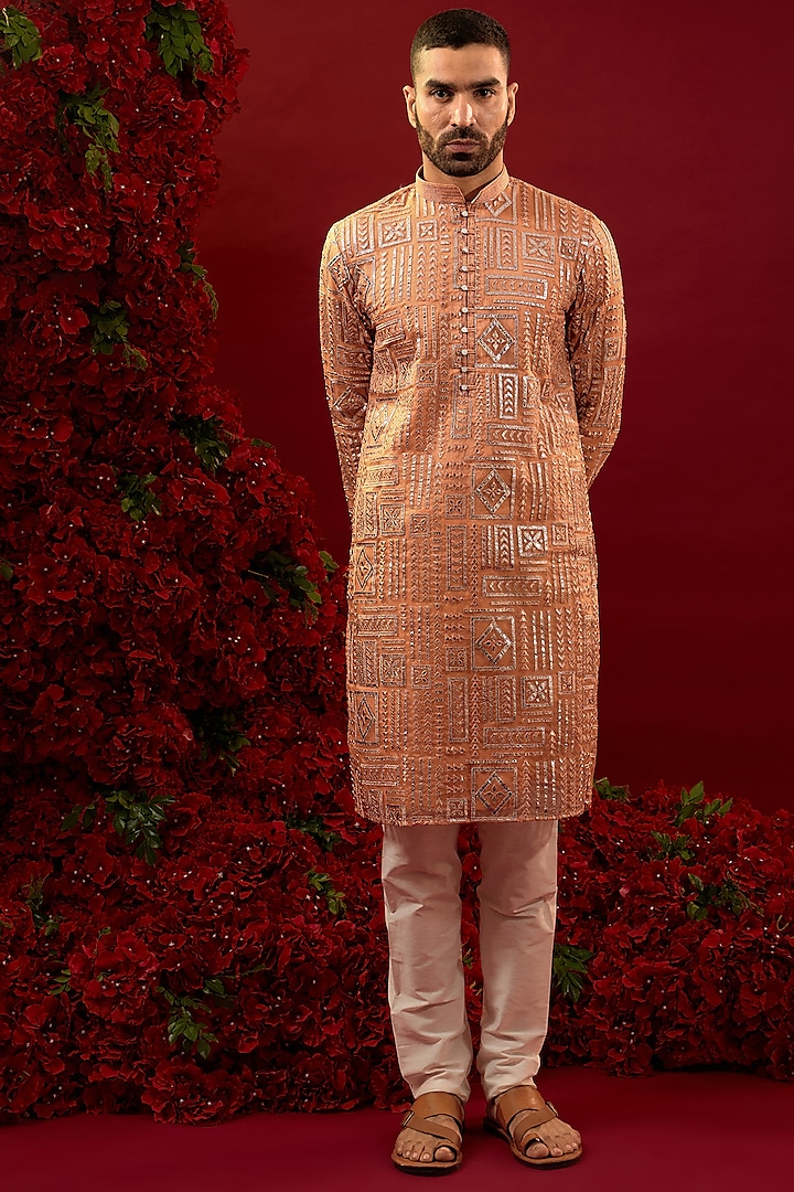 Orange Silk Hand & Machine Work Kurta Set by RIYAASAT at Pernia's Pop Up Shop