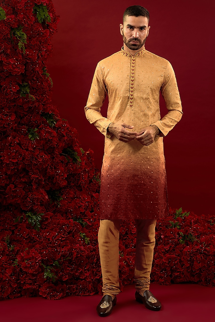 Orange-Red Ombre Silk Hand & Machine Work Kurta Set by RIYAASAT at Pernia's Pop Up Shop