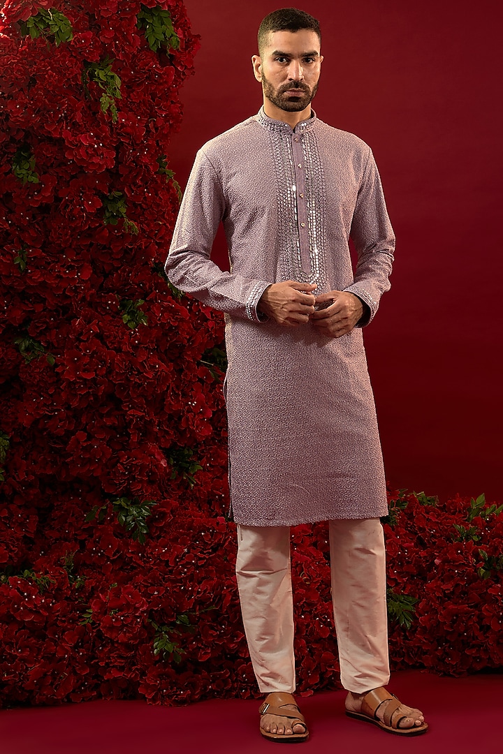 Lilac Silk Hand & Machine Embellished Kurta Set by RIYAASAT