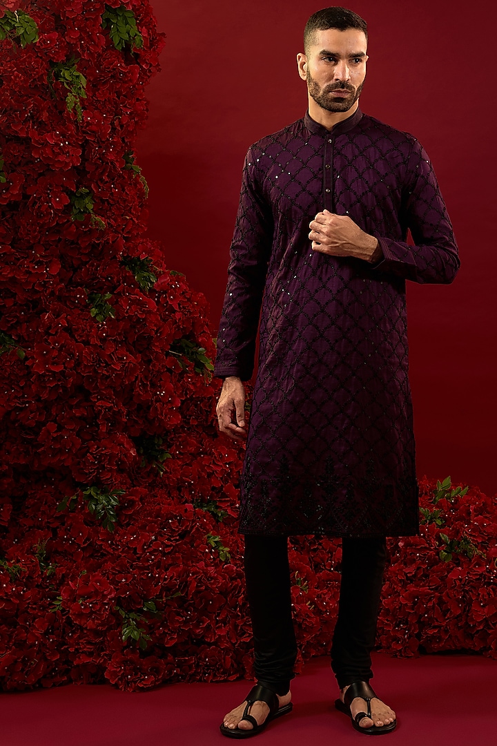 Deep Purple Silk Machine Work Kurta Set by RIYAASAT at Pernia's Pop Up Shop