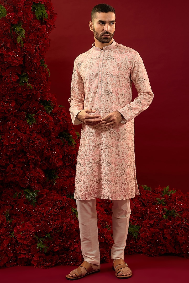 Peach Silk Hand & Machine Work Kurta Set by RIYAASAT at Pernia's Pop Up Shop