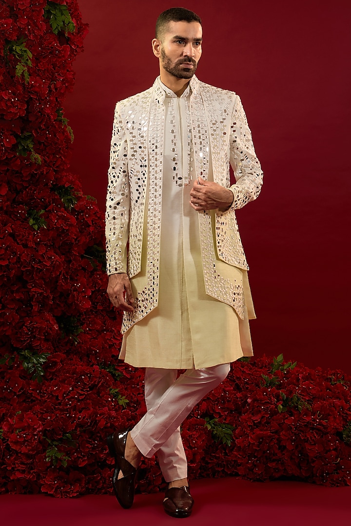 Yellow Ombre Silk Mirror Embroidered Indowestern Set by RIYAASAT at Pernia's Pop Up Shop