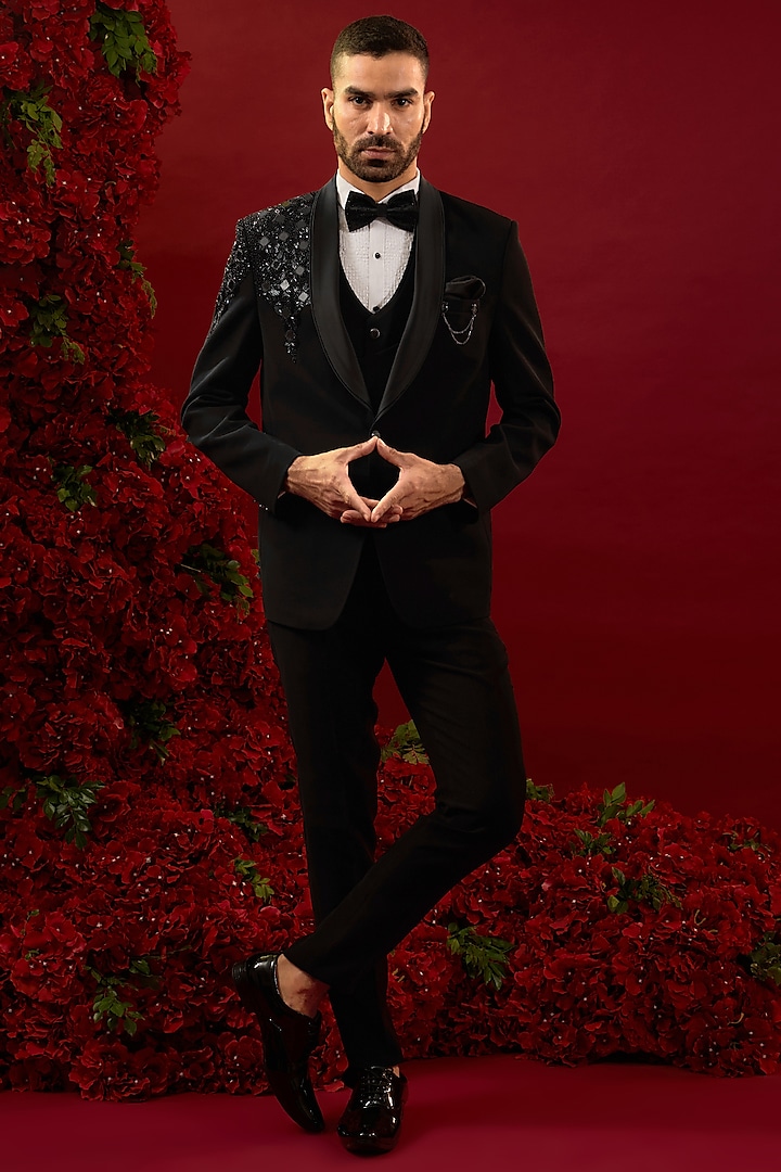 Black Silk Hand & Machine Work Tuxedo Set by RIYAASAT