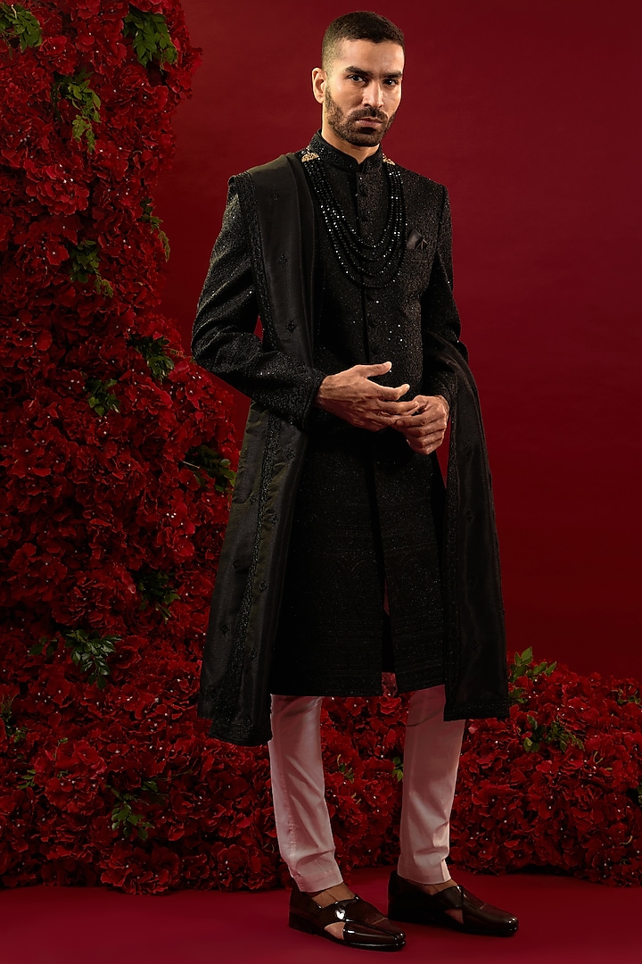 Black Silk Machine Work Wedding Sherwani Set by RIYAASAT at Pernia's Pop Up Shop