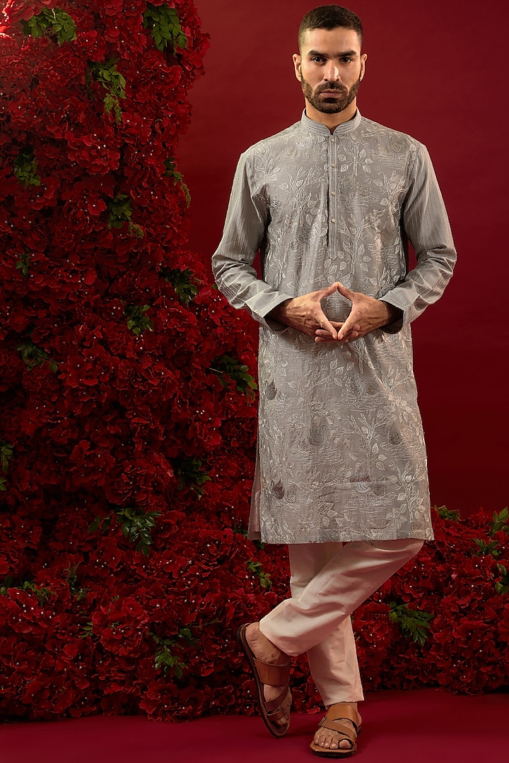 Grey Silk Machine Work Kurta Set by RIYAASAT at Pernia's Pop Up Shop