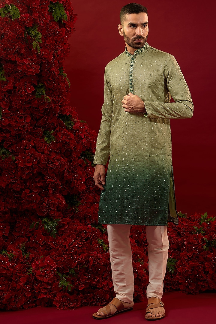 Ombre Green Silk Hand & Machine Work Kurta Set by RIYAASAT at Pernia's Pop Up Shop