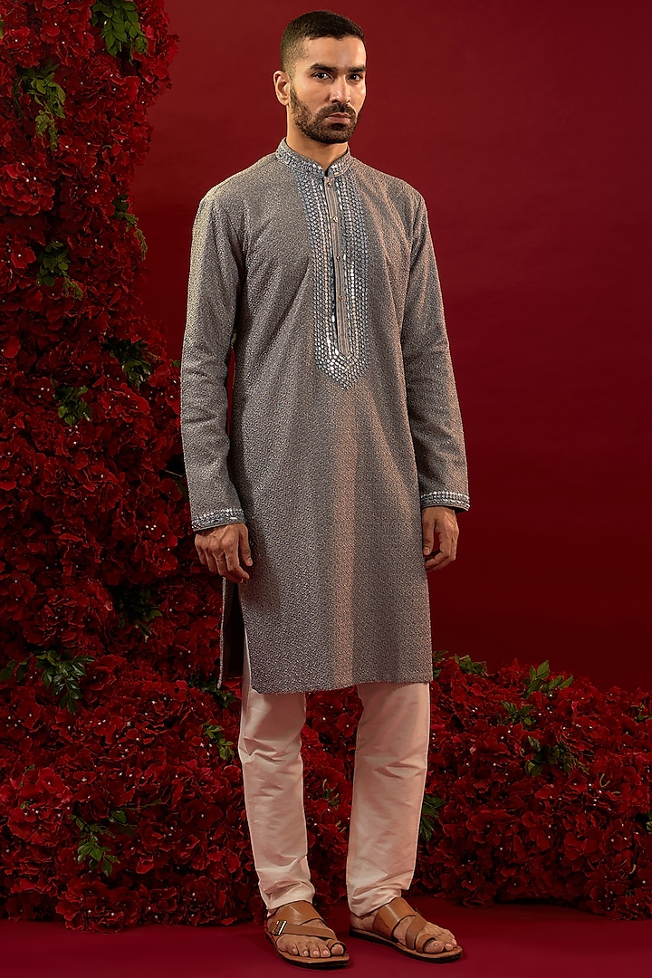 Grey Silk Hand & Machine Work Kurta Set by RIYAASAT at Pernia's Pop Up Shop