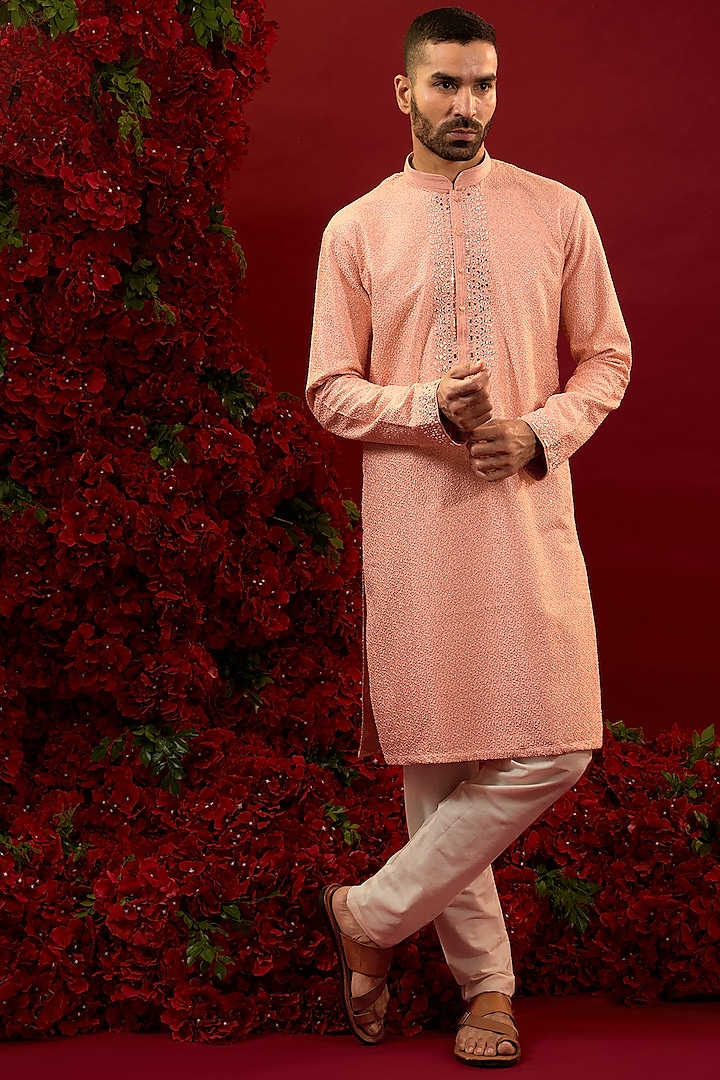 Peach Silk Machine Work Kurta Set by RIYAASAT at Pernia's Pop Up Shop