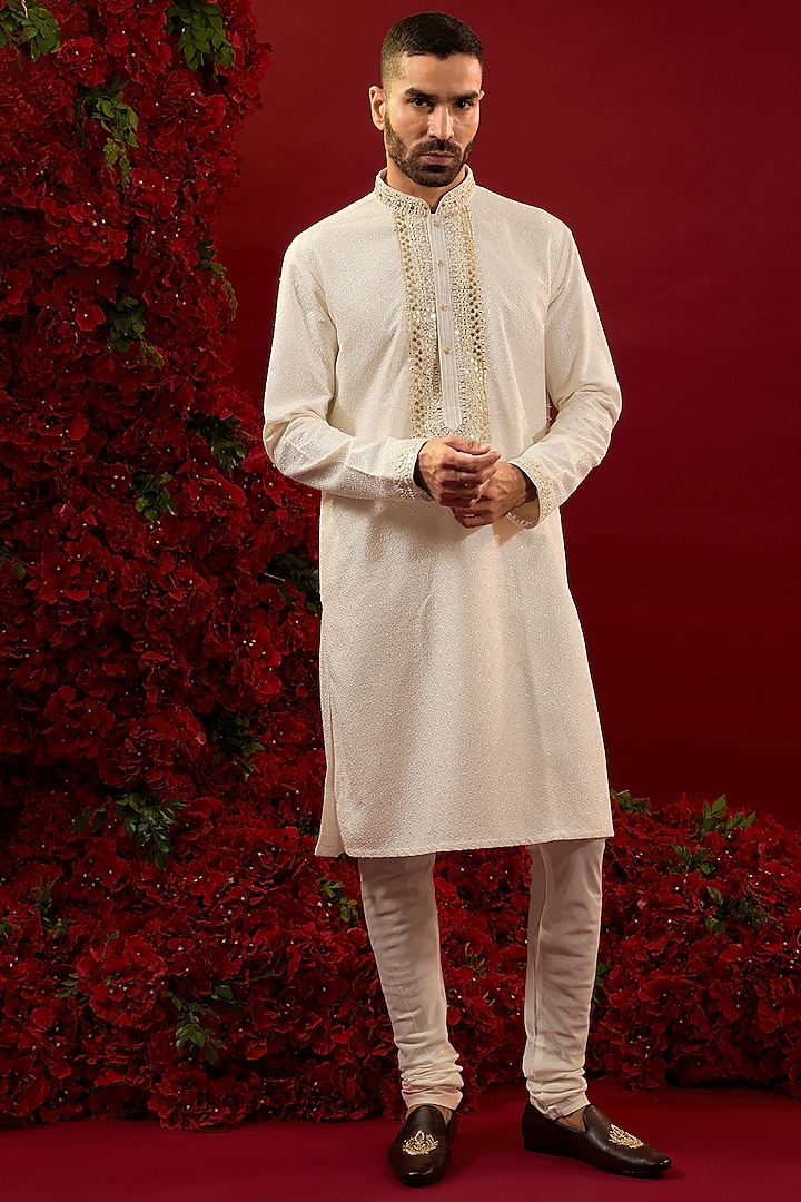 Cream Silk Hand & Machine Work Kurta Set by RIYAASAT at Pernia's Pop Up Shop