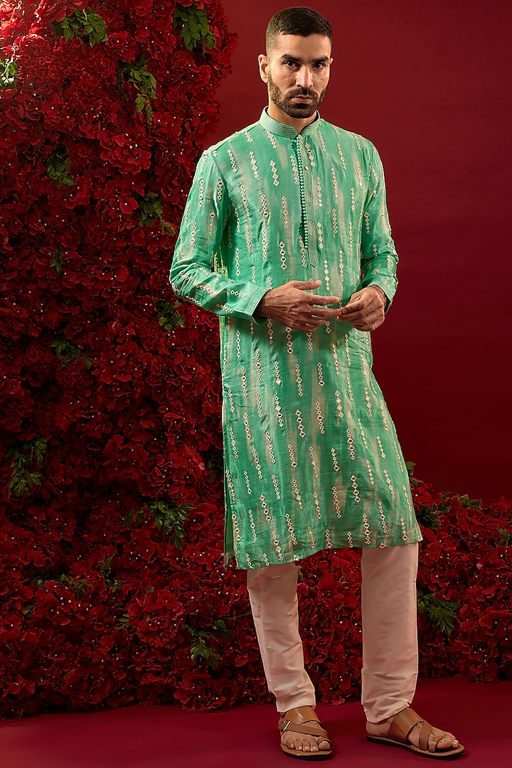 Green Silk Hand & Machine Work Kurta Set by RIYAASAT at Pernia's Pop Up Shop