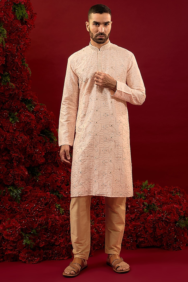 Baby Pink Silk Hand & Machine Work Kurta Set by RIYAASAT at Pernia's Pop Up Shop