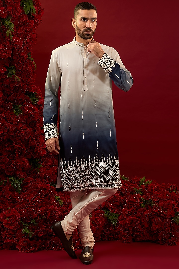 White & Navy Blue Silk Hand & Machine Work Ombre Kurta Set by RIYAASAT