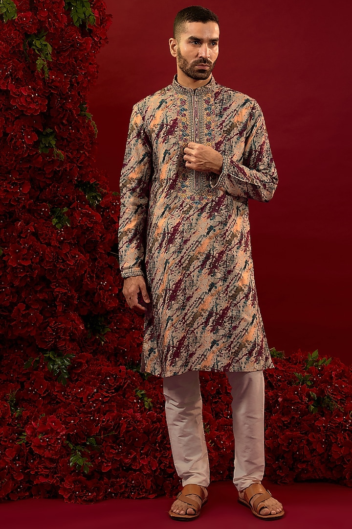 Multi-Colored Silk Machine Work Kurta Set by RIYAASAT