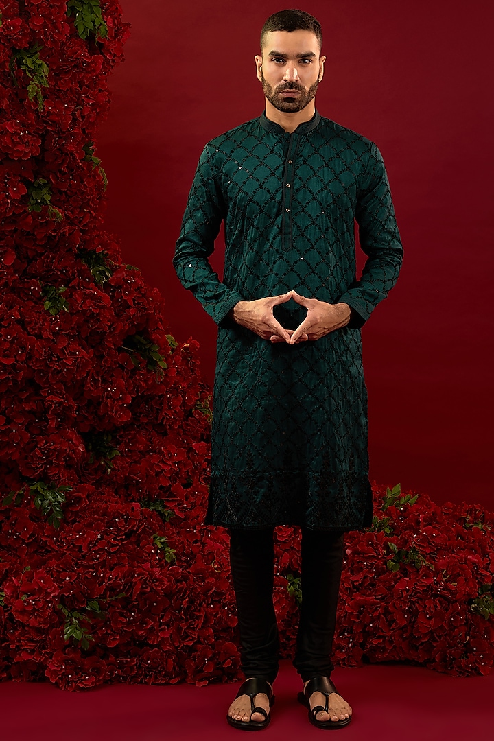 Dark Green Silk Machine Work Kurta Set by RIYAASAT at Pernia's Pop Up Shop