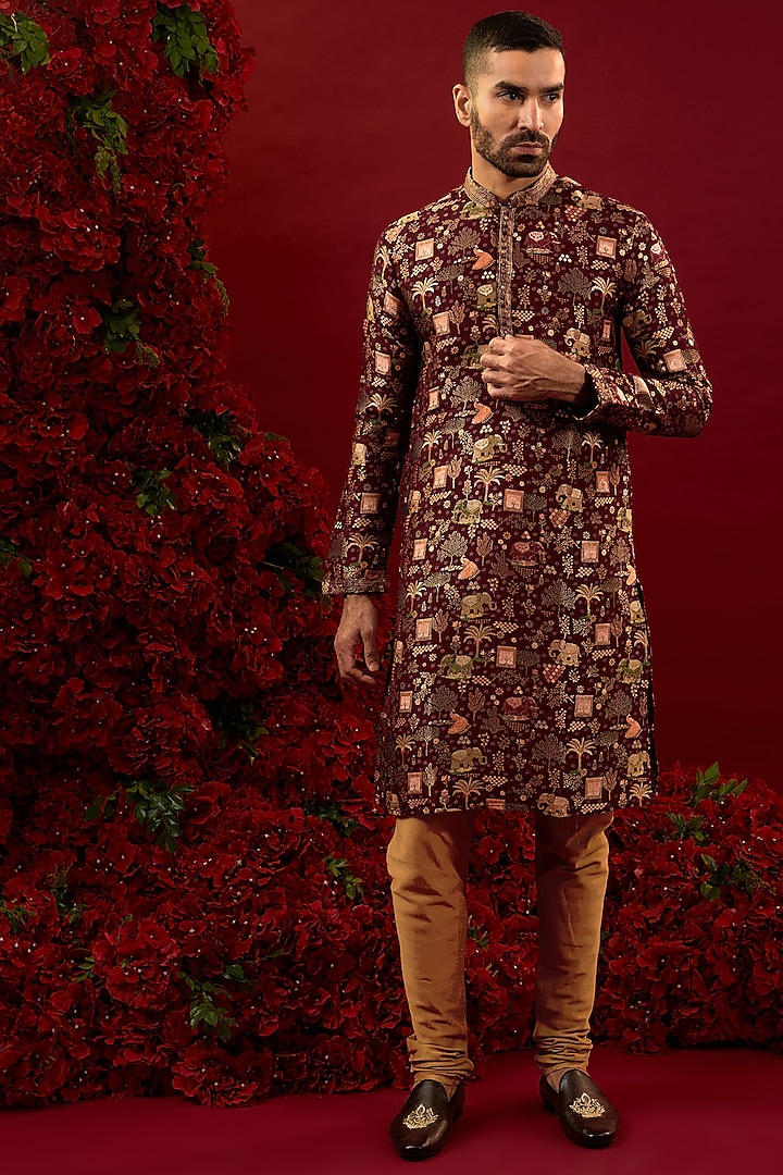 Maroon Silk Machine Work Kurta Set by RIYAASAT