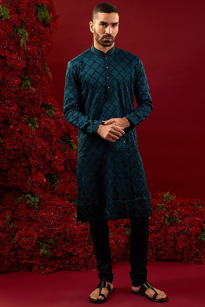 Royal Blue Silk Machine Work Kurta Set by RIYAASAT at Pernia's Pop Up Shop