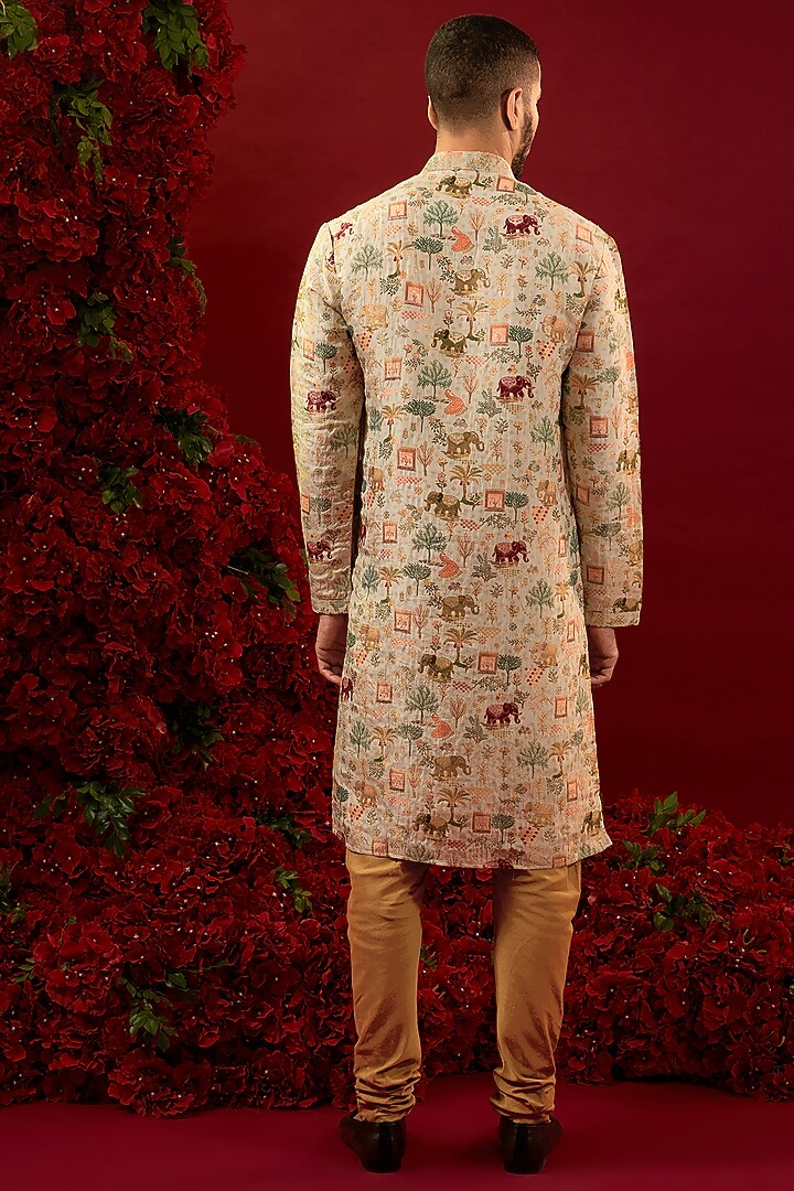 Cream Silk Machine Work Kurta Set by RIYAASAT at Pernia's Pop Up Shop