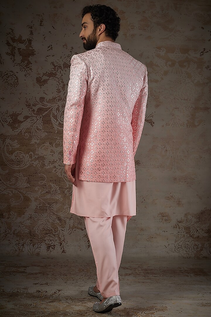 Blush Pink Ombre Silk Printed & Embellished Jodhpuri Set by RIYAASAT at Pernia's Pop Up Shop