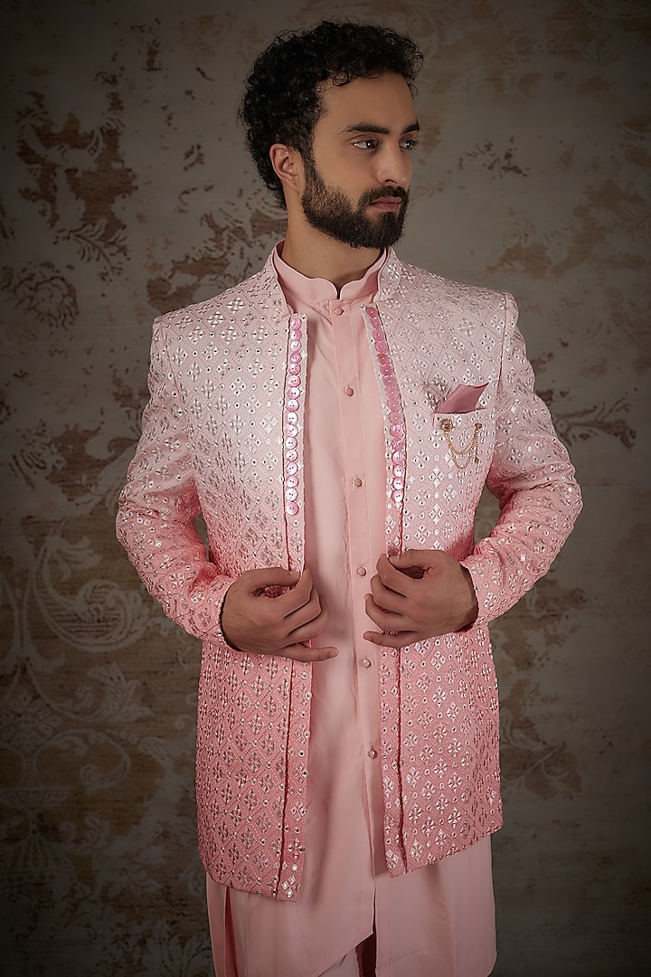 Blush Pink Ombre Silk Printed & Embellished Jodhpuri Set by RIYAASAT at Pernia's Pop Up Shop