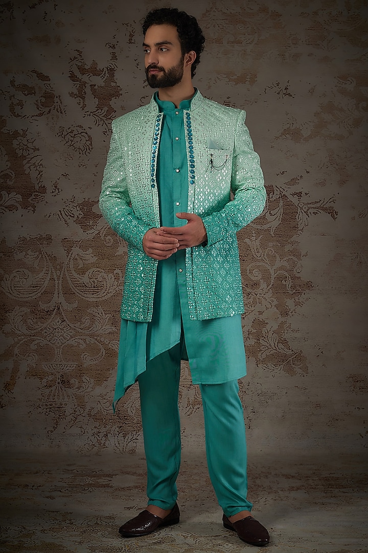 Sea Green Ombre Rayon Embellished Jodhpuri Set by RIYAASAT