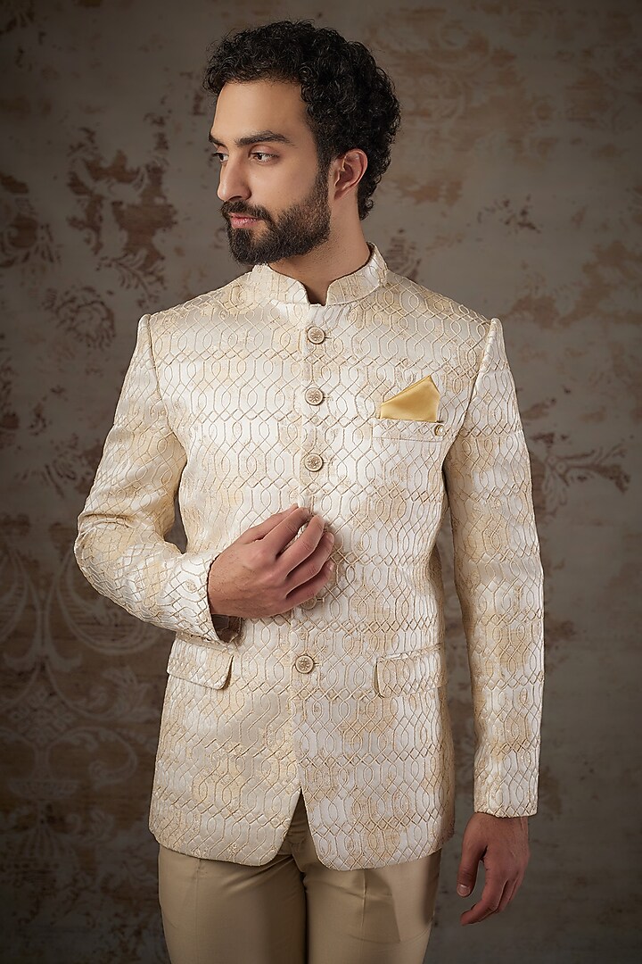 Beige Japanese Fabric Embellished Jodhpuri Set by RIYAASAT at Pernia's Pop Up Shop