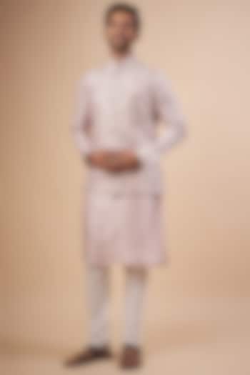Cloud Grey Silk Embroidered Bundi Jacket Set by RIYAASAT