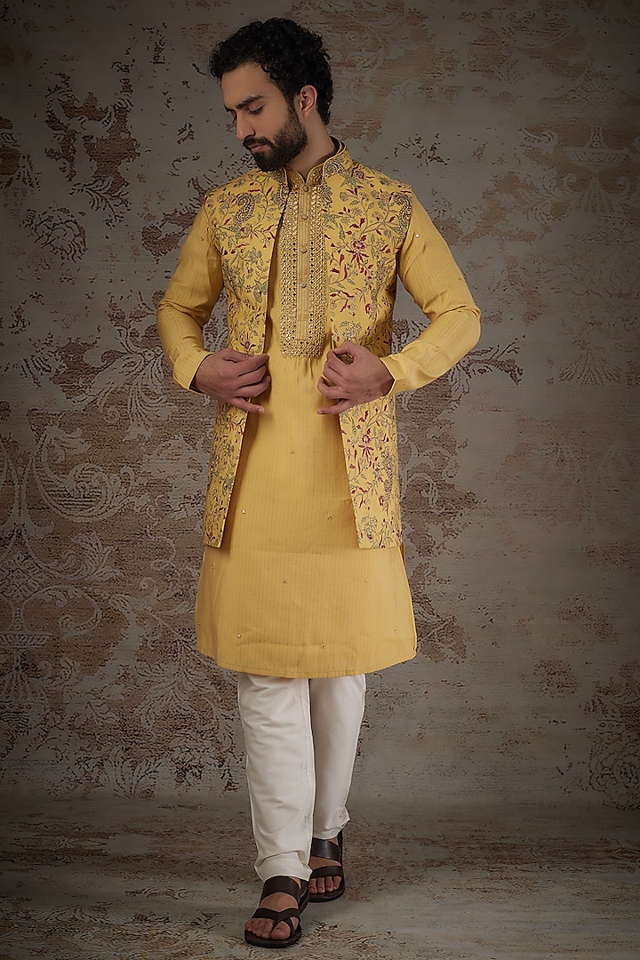 Daffodil Yellow Silk Embroidered Open Jodhpuri Set by RIYAASAT