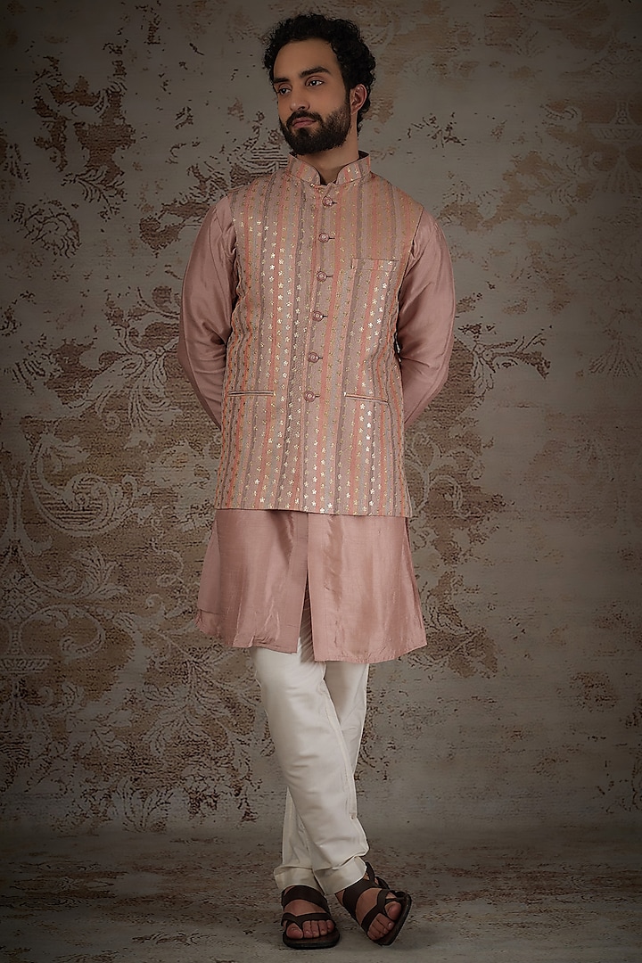 Dusty Pink Silk Embroidered Bundi Jacket Set by RIYAASAT