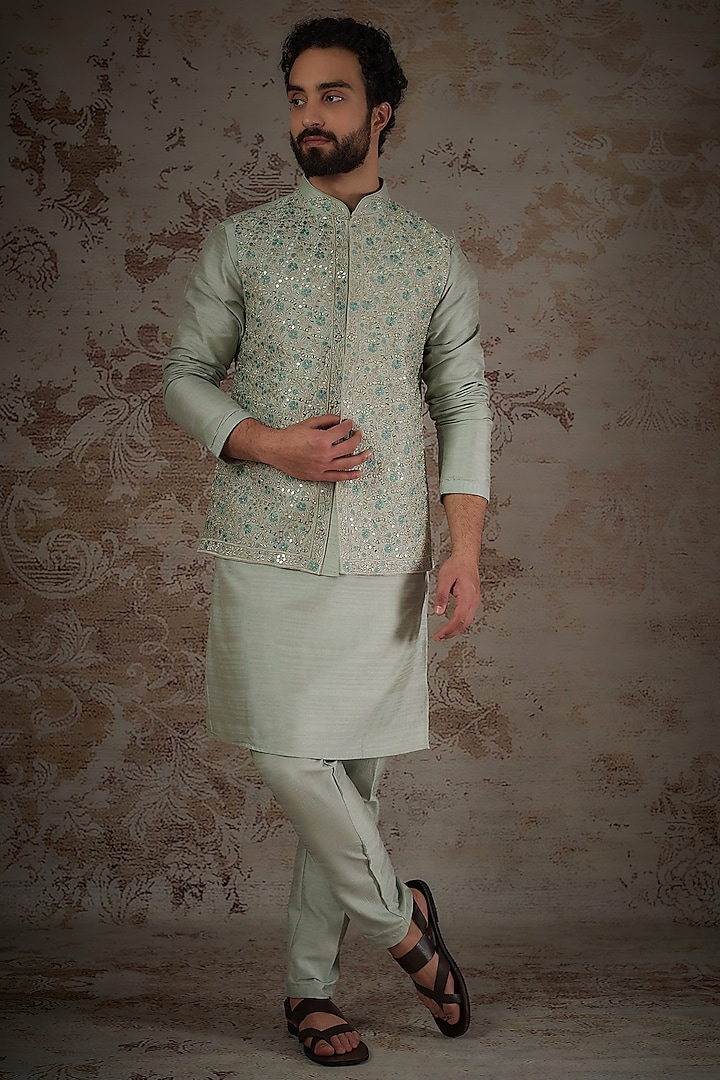 Sage Green Silk Embroidered Bundi Jacket Set by RIYAASAT