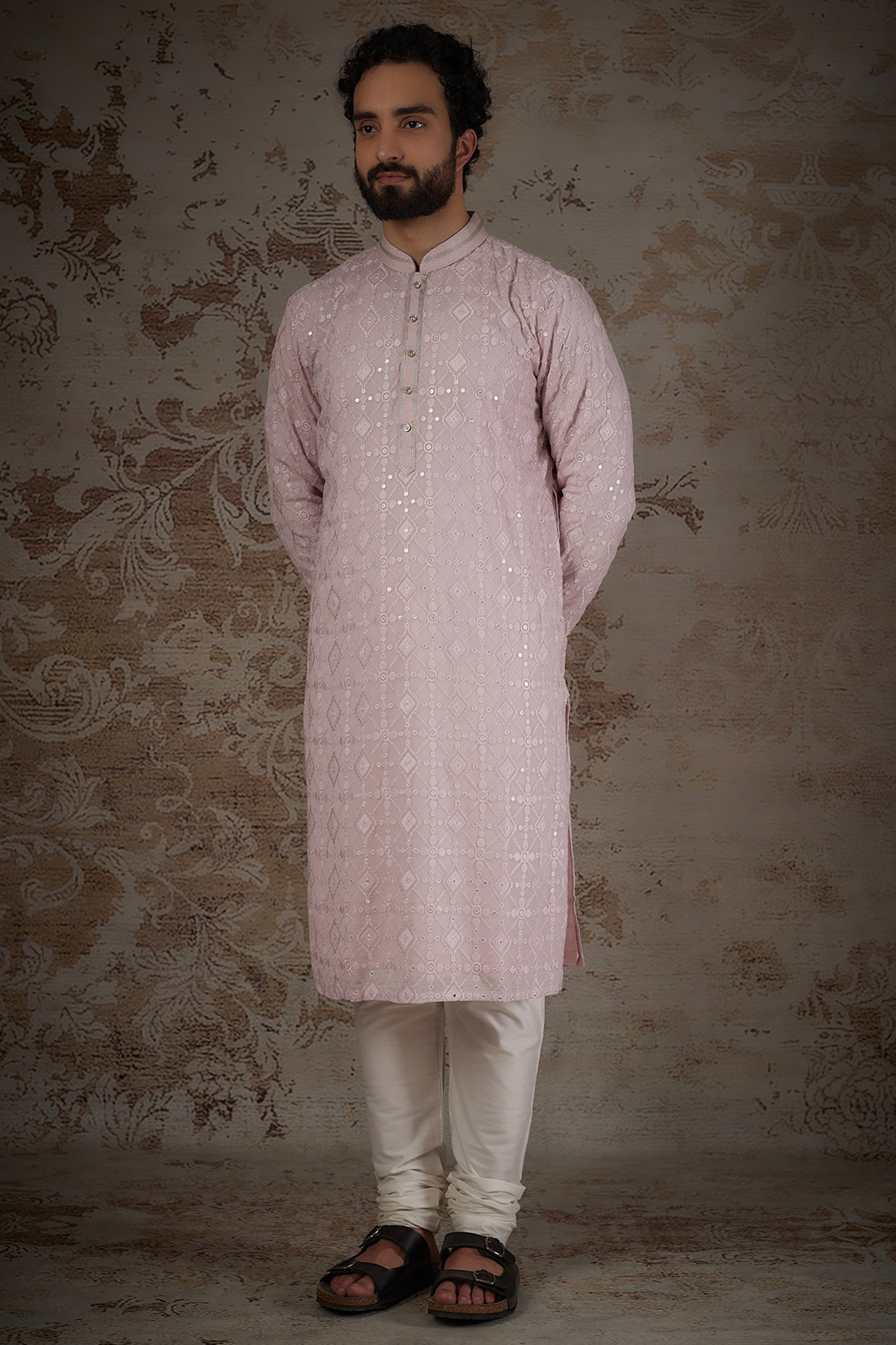 Onion Pink Silk Printed & Mirror Work Kurta Set by RIYAASAT