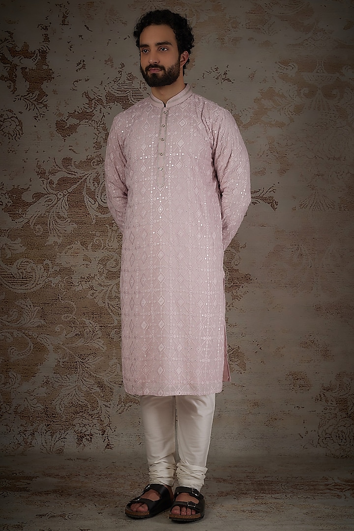 Onion Pink Silk Printed & Mirror Work Kurta Set by RIYAASAT