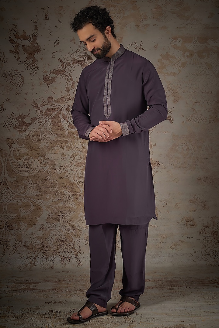 Chinese Violet Silk Sequins Work Kurta Set by RIYAASAT