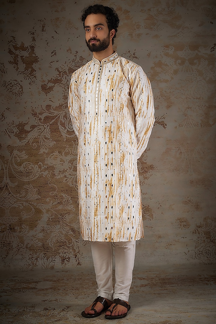 White Silk Embroidered Kurta Set by RIYAASAT