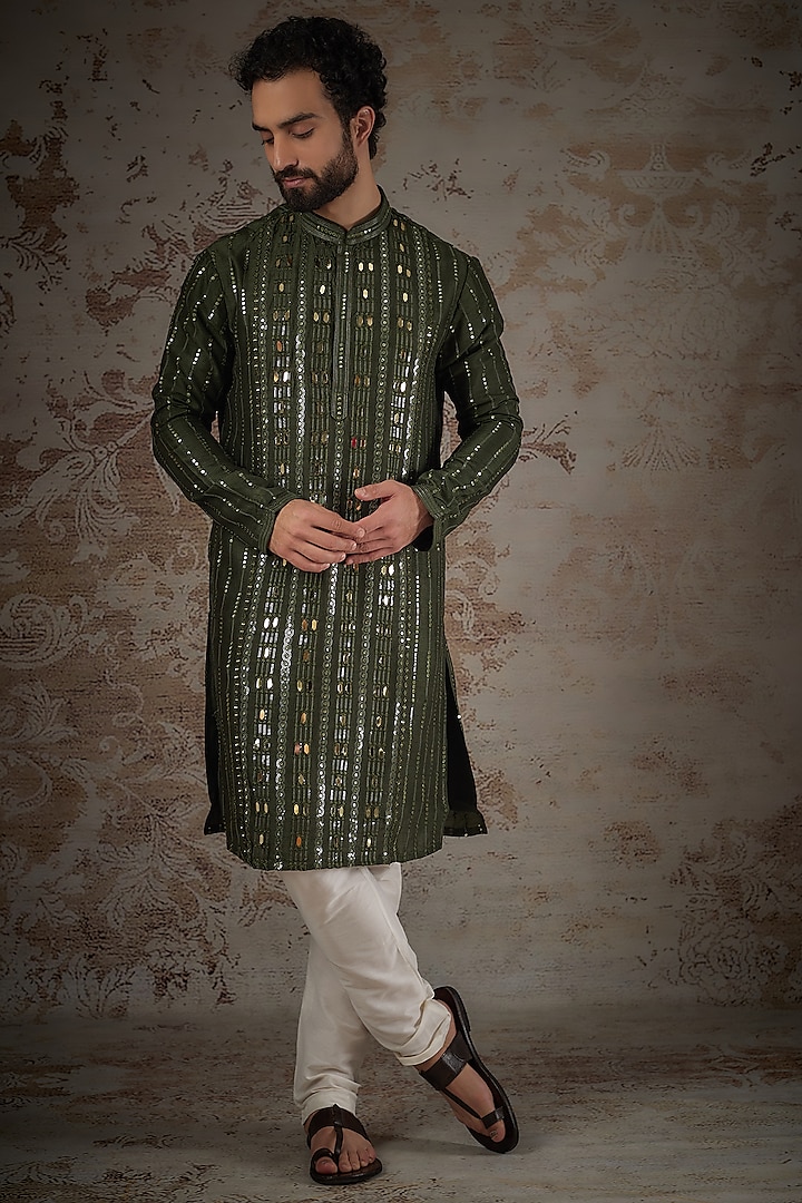 Mehendi Green Silk Embroidered Lucknowi Kurta Set by RIYAASAT