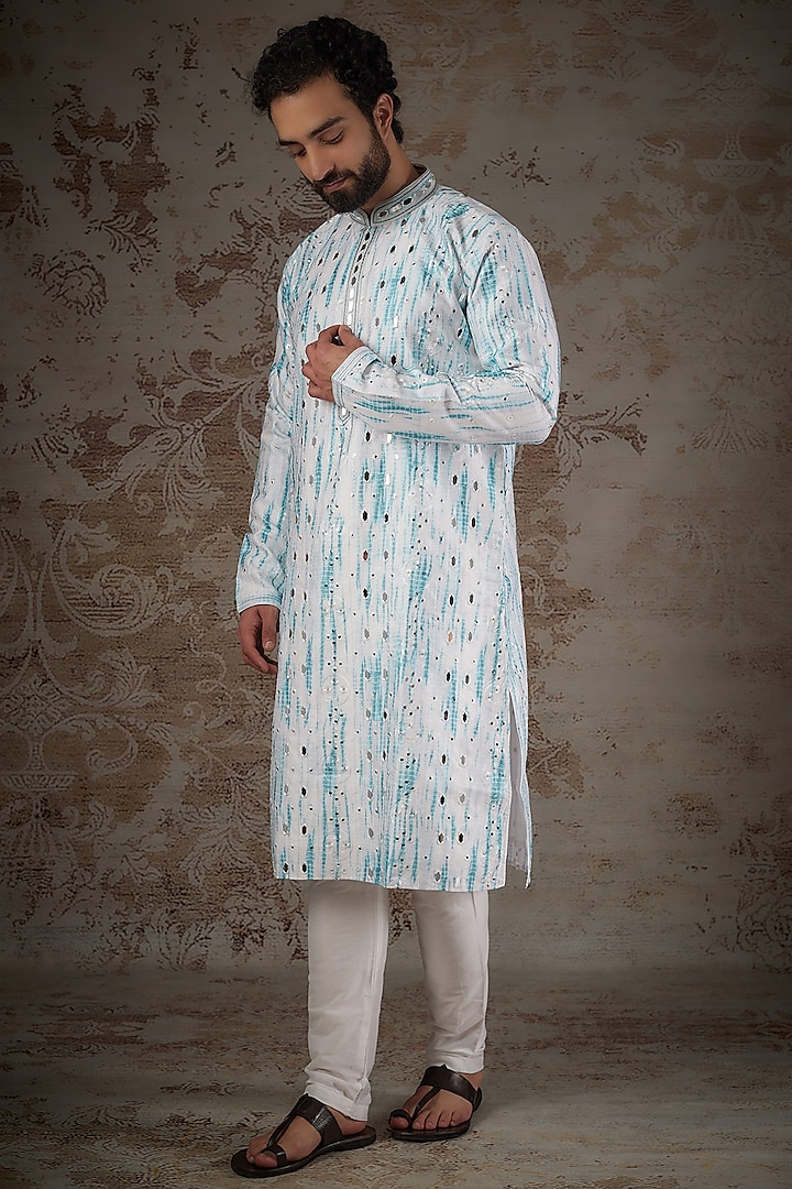 Sky Blue & White Silk Embroidered Kurta Set by RIYAASAT at Pernia's Pop Up Shop