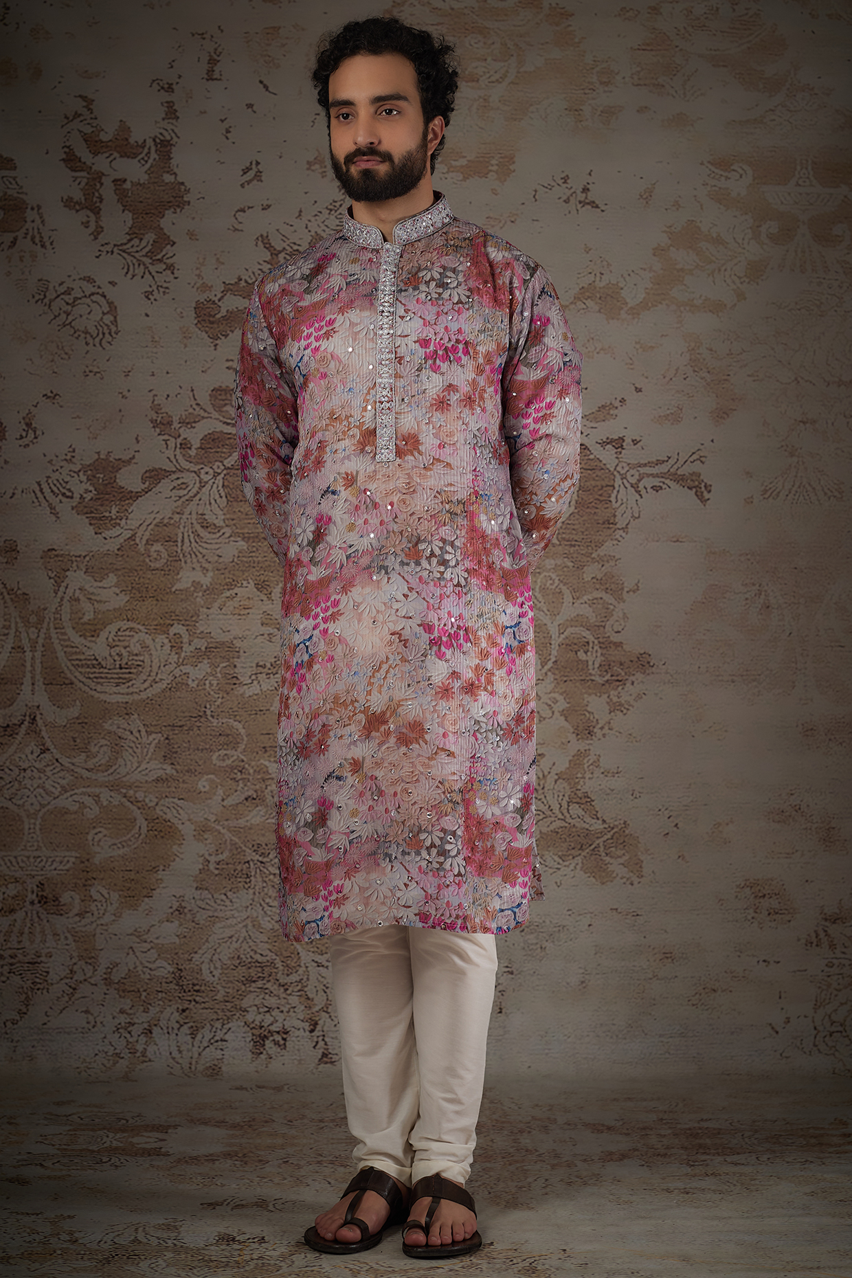 Multi-Colored Silk Printed & Sequins Work Kurta Set by RIYAASAT